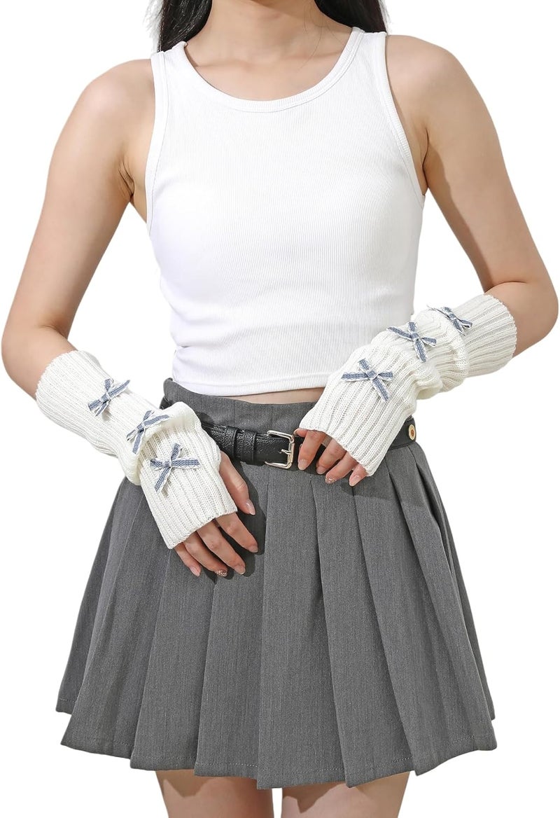 Lauthen.S Y2K Arm Warmers Cute Long Sleeve Fingerless Gloves Knitted Harajuke Style Arm Sleeves Kawaii with Bownot - Image 3